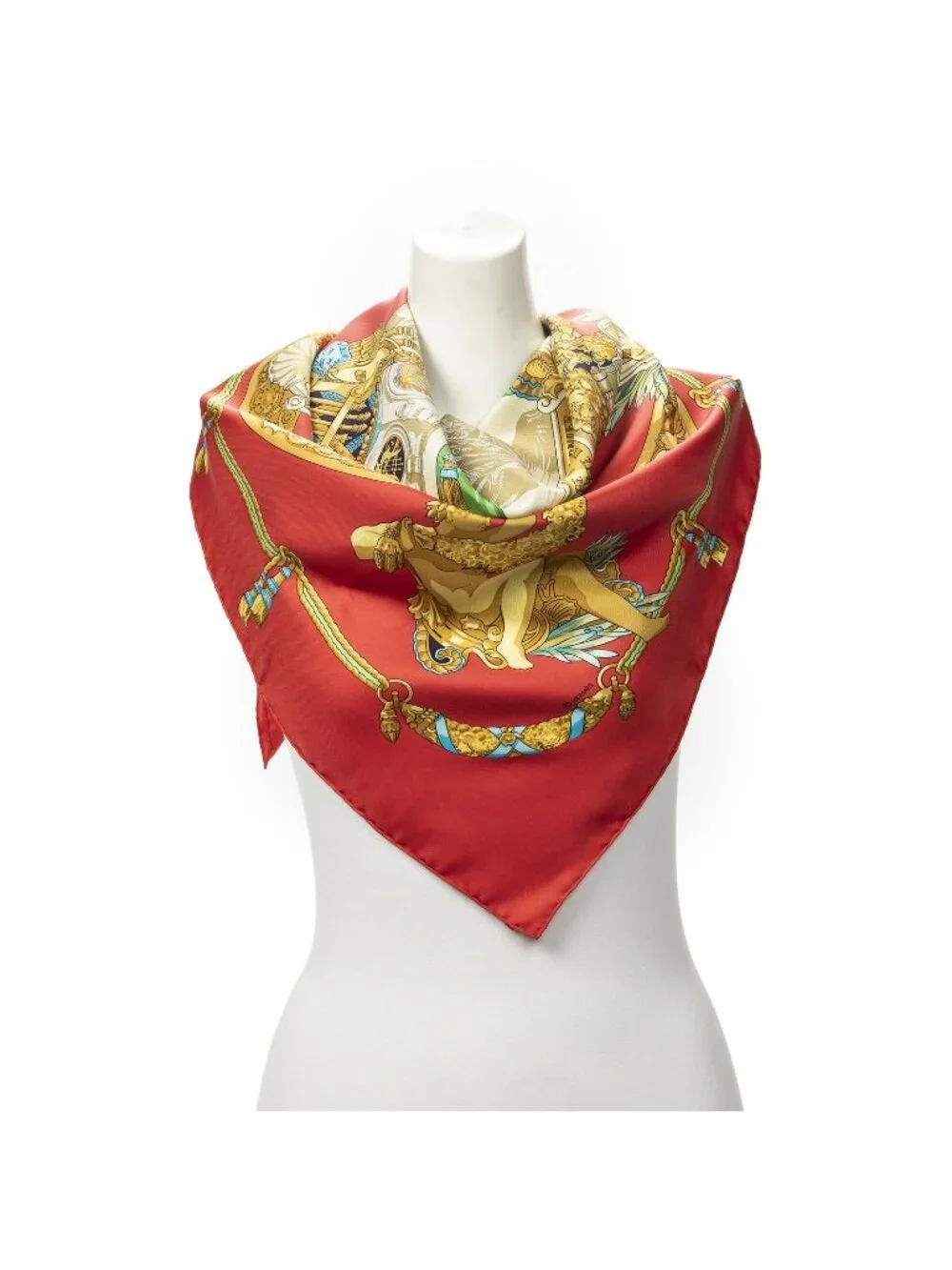Hermes Scarf Red Gold Beige Silk